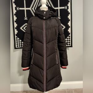 Tommy Hilfiger Black Puffer Coat with Red and White Accents
